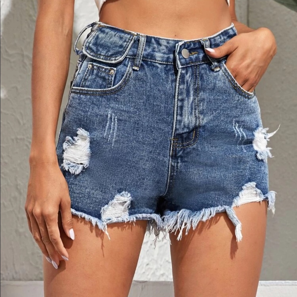 Distressed raw hem ripped denim jean shorts dark high waisted - Picture 2 of 3